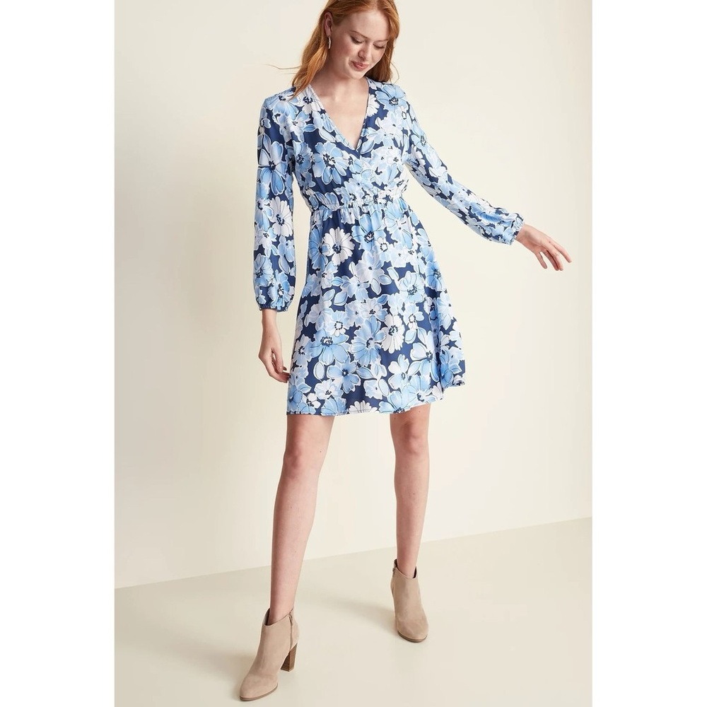 Old Navy Waist-Defined Wrap-Front Dress Size L Blue Watercolor Floral
